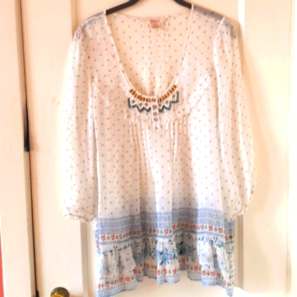 sundance 100% Silk Chiffon Bead Embellished Boho Blouse